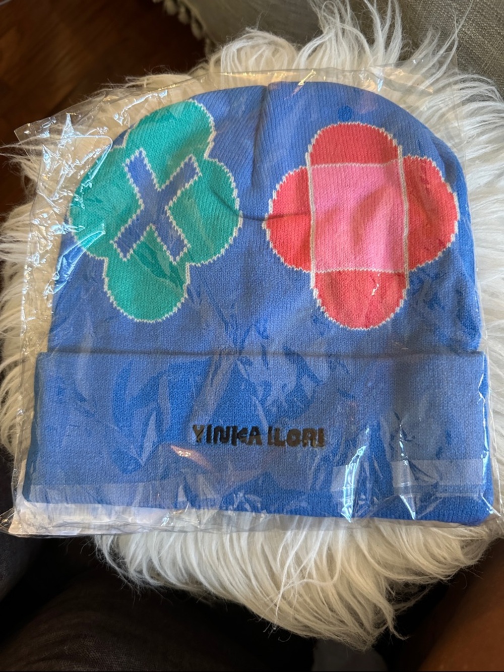Sony PlayStation Blue Knit Beanie with Pink and Teal Motifs